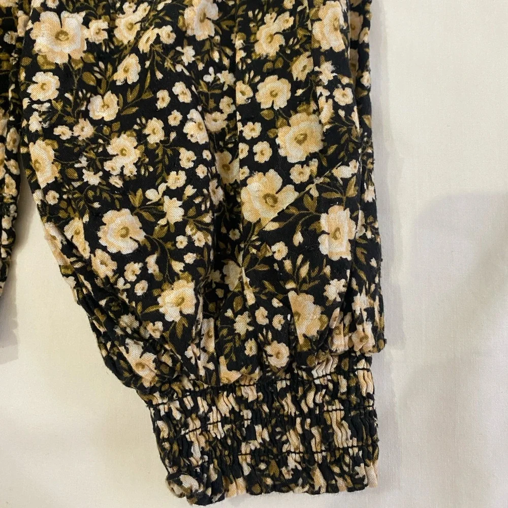 OLD NAVY Black Floral‎ V-Neck Puff Sleeve Boho Cottagecore Poet Blouse XL